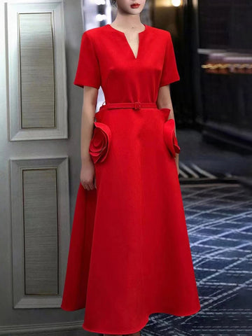 Woochic robe longue col en V trapèze à volants couture taille haute rose 1 S